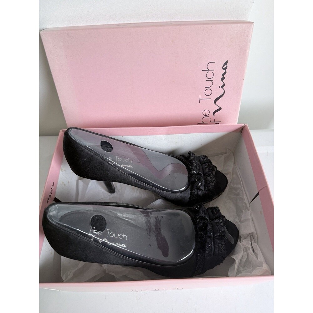 Nina Black Satin Sequin Peep Toe Heels Bow Stiletto High Pumps Shoes Size 8.5